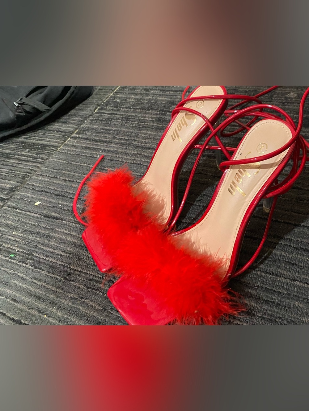 Red Feather-Trim Strappy Women's Heels